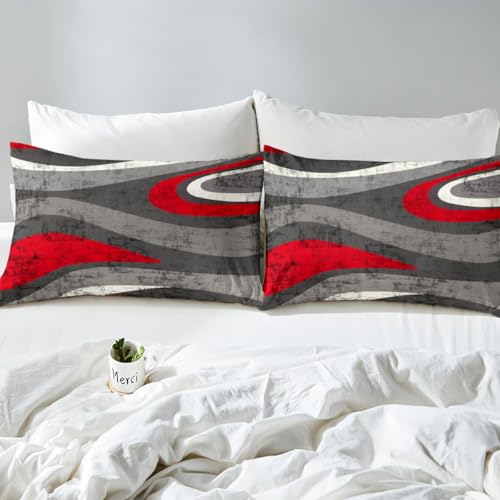 Red and Gray Bed Sheet Set Modern Abstract Art Fitted Sheet for Kids Boys Girls Teens Retro Circle Bedding Set Swirl Bed Cover 2Pcs with 1 Pillow Case Twin Size - color: Multi Aa04, size: Twin