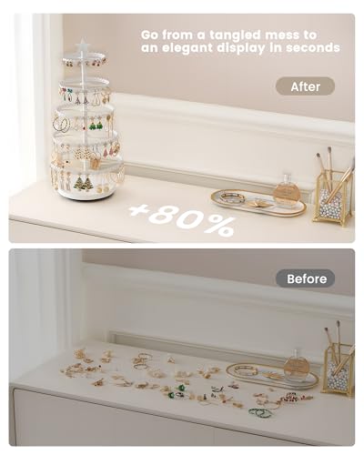 Lolalet 5-Tier Rotating Earring Holder Organizer, Metal Earring Display Stand Large Tree-shaped Rack for Studs Hoops Dangling Earrings, Gift for Women and Girls -White - color: White
