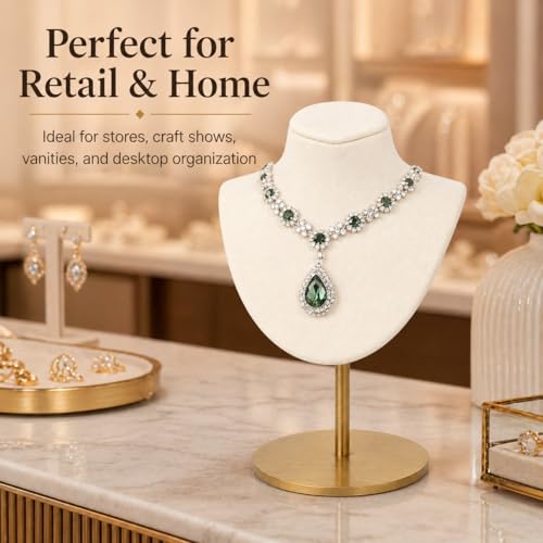 Necklace Display Stand For Selling Velvet Chain Jewelry Bust Holder Organizer With Stainless Steel Stand Jewelry Display - color: Beige-White-7.08in