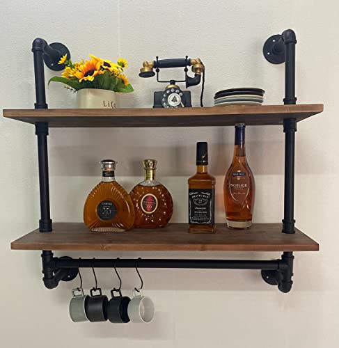 ROGMARS Industrial Pipe Shelving Bathroom Shelves with Towel bar, 30 in Rustic Floating Shelves Pipe Wall Shelf with Hooks for Living Room,Kitchen - color: Rustic Brown, size: 30 Inch 2 Tier
