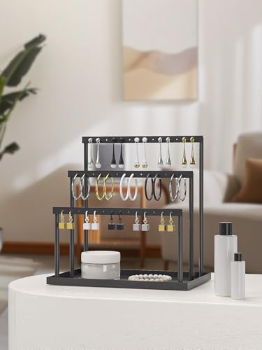 Pangkeep 3 Tier Earring Holder for Vendors,Stud Earrings Display Stand for Selling,Matel Jewelry Organizer for Girls (Black) - color: Black