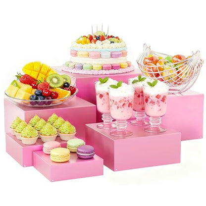 Metal Buffet Risers,6PCS Food Risers for Buffet Table 5in to 10in Display Stand for Catering Dessert Pink Cube Boxes Nesting Risers for Girl Princess party with Hollow Bottoms - color: Pink-6P