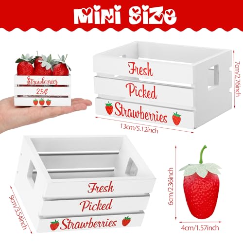 Maitys Strawberry Table Decor, Rustic Summer Tiered Tray Decor Mini Wooden Crate with 8 Fake Strawberry, Farmhouse Table Centerpiece Berry Decoration for Kitchen Mantel Shelf, Baby Shower Party Supply