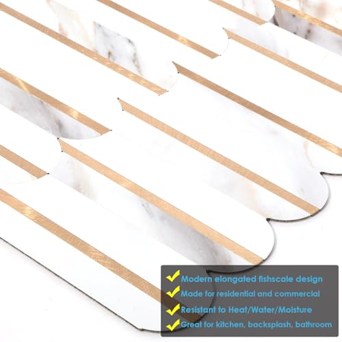 10-Sheet Fish Scale Peel and Stick Backsplash for Kitchen Wall Tiles,12 inches Marble Mixed Metal Gold 3D PVC Wall Tile Stick on Backsplash for Kitchen and Bathroom - color: Marble Mixed Metal Gold
