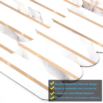 10-Sheet Fish Scale Peel and Stick Backsplash for Kitchen Wall Tiles,12 inches Marble Mixed Metal Gold 3D PVC Wall Tile Stick on Backsplash for Kitchen and Bathroom - color: Marble Mixed Metal Gold