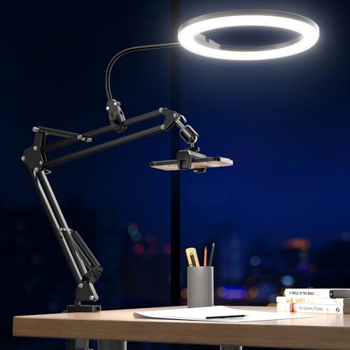 UBeesize 10" Ring Light with Overhead Phone Mount, LED Selfie Light with Stand and Phone Holder, Desk Light for iPhone, Desk Tripod for Video Recording, YouTube, TikTok, Live Stream, Cooking, Vlog - style: Desk-mounted