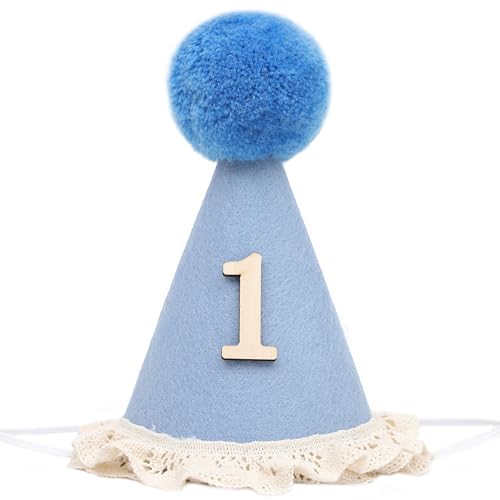 WAOUH Boho 1st Birthday Crown - Unisex Adjustable Baby Hat with Pom Topper, Felt Party Decoration & Photo Props - color: Light Blue