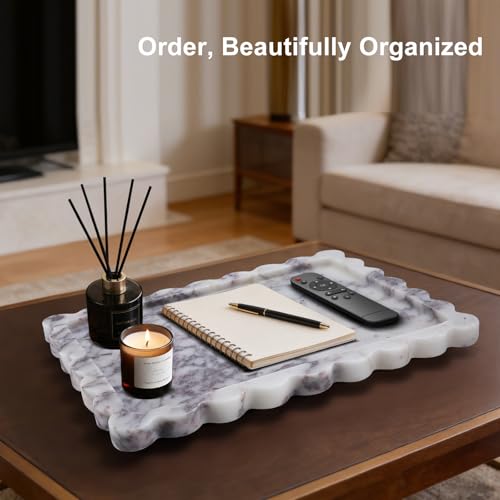 14" x 10" Large Genuine Calacatta Viola Scalloped Marble Tray, Pre-Sealed for Stain & Water Resistance, Luxury Decorative Trays for Vanity, Bathroom, Dresser, Coffee Table, Home Decor - color: Calacatta Viola