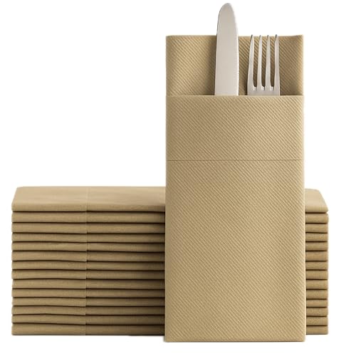 Moyes Home Wood Disposable Dinner Napkins with Pocket - Linen-Feel Pre-Folded Cloth-Like Paper Napkins for Silverware, Weddings, Dinner Parties, 16x16 in, Pack of 50 - color: Wood
