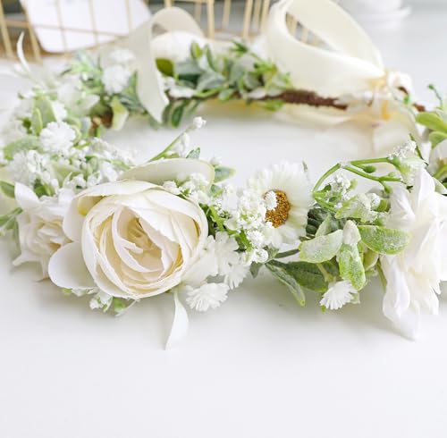 Women Flower Crown Wedding Floral Headband Flower Halo Floral Crown Bridal Party Cosplay Halloween Photos - color: beige white