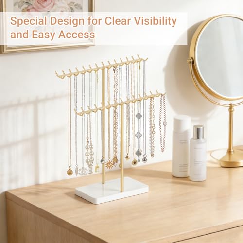 Mkono Necklace Holder Organizer Metal Jewelry Display Stand 2 Tier Bracelet Hanger Gold Tree Tower Rack for Storage Bangles and Earrings Gift for Women Bedroom Dressing Table Decor