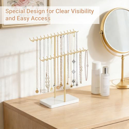 Mkono Necklace Holder Organizer Metal Jewelry Display Stand 2 Tier Bracelet Hanger Gold Tree Tower Rack for Storage Bangles and Earrings Gift for Women Bedroom Dressing Table Decor