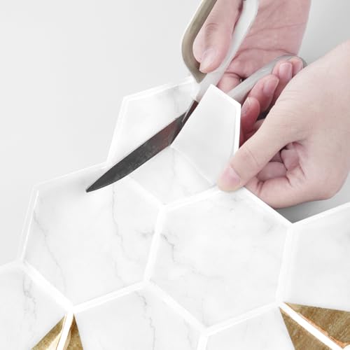 WESTICK White Gold Marble Back Splash Stick on Tiles for Kitchen Hexagon Peel and Stick Backsplash Tile Waterproof Bathroom Vinyl Backsplash Panels for Laundry Room Wall RV 10 Pack 12" x 12" - color: 9.Gold white