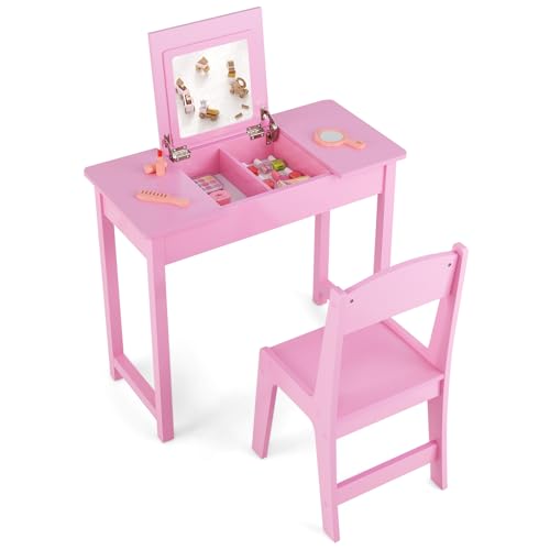 Costzon Kids Vanity, 2 in 1 Girls Vanity Set with Flip Top Mirror, Hidden Storage Space, Wooden Toddler Makeup Vanity Desk Dressing Table, Kids Vanity Table and Chair Set (Pink) - style: Pink with Flip Top Mirror