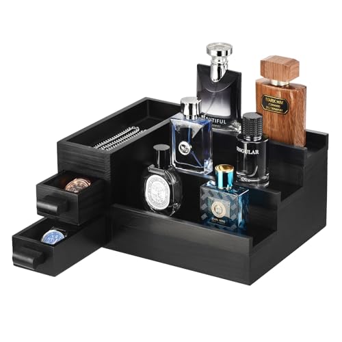 Perfume Stand Organizer for Men, 3 Tier Perfume Display Shelf with Velvet Lining Drawer and Hidden Compartment,Display Risers (Black - 2 Drawer) - style: 2 drawer - Black