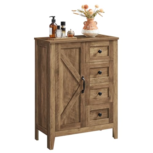 VASAGLE LIRY Collection - Storage Cabinet, Farmhouse Bathroom Floor Cabinet with 4 Drawers, Freestanding Storage Organizer, Barn Door, Adjustable Shelf, Honey Brown, UBBK753K01 - color: Honey Brown, style: 1 Door + 4 Drawers