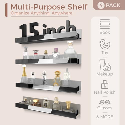 4 Pack 15 Inch Black Reflective Acrylic Shelves, Black Floating Shelves, Modern Sunglasses Essential Oil Picture Ledge Display Toy Storage Shelf - color: 15in-black Mirror