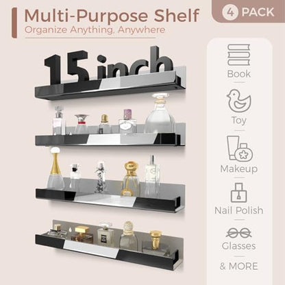4 Pack 15 Inch Black Reflective Acrylic Shelves, Black Floating Shelves, Modern Sunglasses Essential Oil Picture Ledge Display Toy Storage Shelf - color: 15in-black Mirror