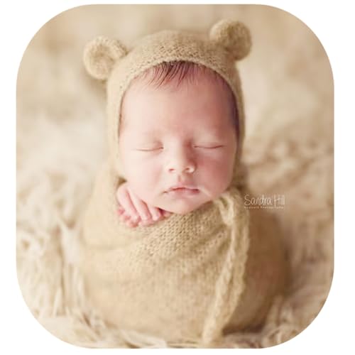 Newborn Photography Props Handmade Bear Hat Wrap Set for Baby Boys Girls Photoshoot Knitted Bonnet Blanket Photo - color: Beige
