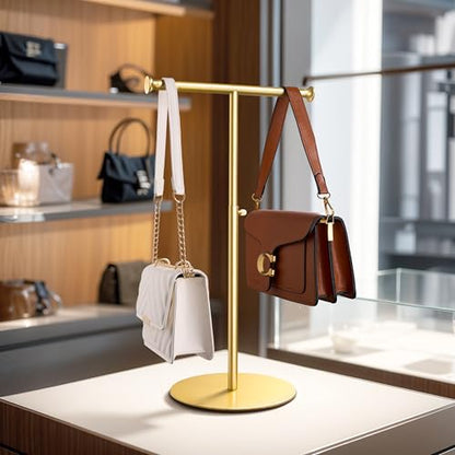niffgaff T Bar Purse Display Stand Tabletop: Adjustable Height Handbag Holder, Countertop Hanging Rack for Long Necklace Scarf Lanyard, Gold - color: Gold