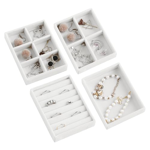 Frebeauty Small Jewelry Tray Set,Stackable Velvet Jewelry Organizer Tray,Mini Jewelry Drawer Organizer,Drawer Inserts,4.92 x 3.74 x 0.9 Inches,Earring Organizer for Women(Set 4,White) - color: White, size: Set 4