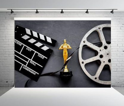 BELECO 20x10ft Fabric Movie Theme Backdrop for Photography Golden Movie Award Statue with Film Reel Video Tape and Clapper Board Background for Movie Night Theme Party Decorations Portrait Photo Props - size: 20x10FT