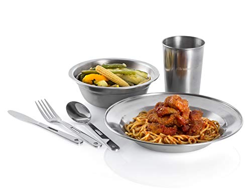 Wealers Unique Complete Messware Kit Polished Stainless Steel Dishes Set| Tableware| Dinnerware| Camping| Buffet| Includes - Cups | Plates| Bowls| Cutlery| Comes in Mesh Bags (4 Person Set) - color: Black