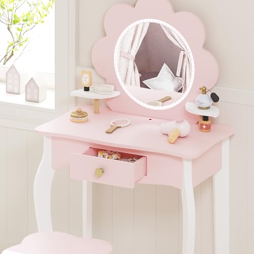 Spirich Kids Vanity, Girls Vanity Set with Mirror and Stool and Lights, Kids Vanity Table and Chair Set, Wooden Princess Makeup Desk Dressing Table (Flower Shape with LED Strip) - size: Flower Shape with LED Strip