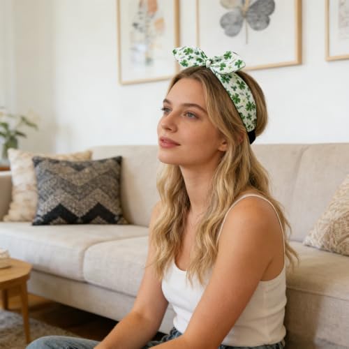 Lucky Shamrock Headband St. Patrick's Day Green Clover Bow Vibes Hair Hoop for Irish Festivals Parade Party Supplies - color: Lucky Shamrock
