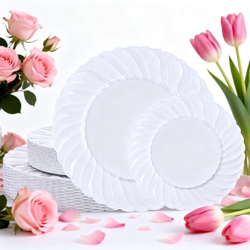 U-QE 60 Pcs White Plastic Plates for Party – Scalloped Plastic Plates Heavy Duty & Elegant – Include 30 10" Dinner & 30 7" Dessert Plate - Perfect for Party & Wedding - color: White
