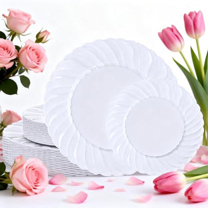 U-QE 60 Pcs White Plastic Plates for Party – Scalloped Plastic Plates Heavy Duty & Elegant – Include 30 10" Dinner & 30 7" Dessert Plate - Perfect for Party & Wedding - color: White