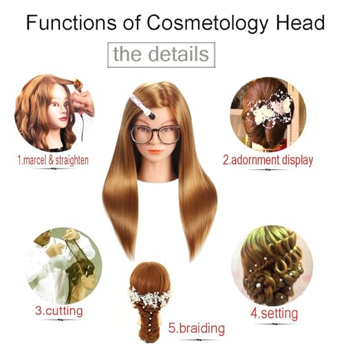 Mannequin Head with Hair, Beauty Star Doll Head for Styling, 20 Inch Long Gold Syntheic Hair Cosmetology Manikin Training Head Model, Hairdressing Practice Head with Clamp Stand and Braiding Kit - color: Gold