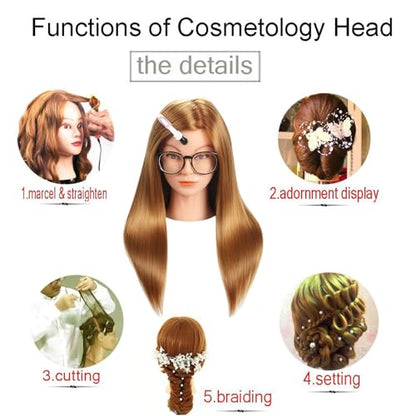 Mannequin Head with Hair, Beauty Star Doll Head for Styling, 20 Inch Long Gold Syntheic Hair Cosmetology Manikin Training Head Model, Hairdressing Practice Head with Clamp Stand and Braiding Kit - color: Gold