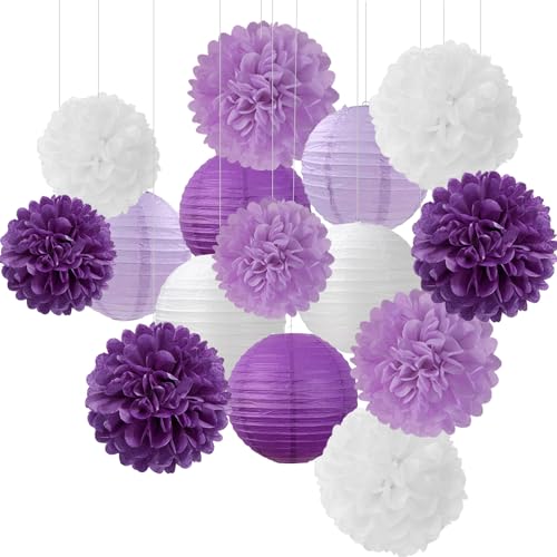 Purple-White Lavender Party Decorations Paper Flowers Lanterns - 15PCS Birthday Graduation Tissue Pom Poms Streamers, Baby Bridal Shower Wedding Retirement Bachelorette Hanging Supplies Decor Hugfond - color: White Light Purple Dark Purple