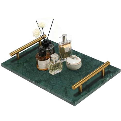 MAOPINER Marble Stone Decorative Perfume Tray with Copper Color Metal Handles, Handmade Jewellery Catchall Trinket Tray for Counter, Vanity, Dresser, Nightstand and Desk (Green) - color: Green