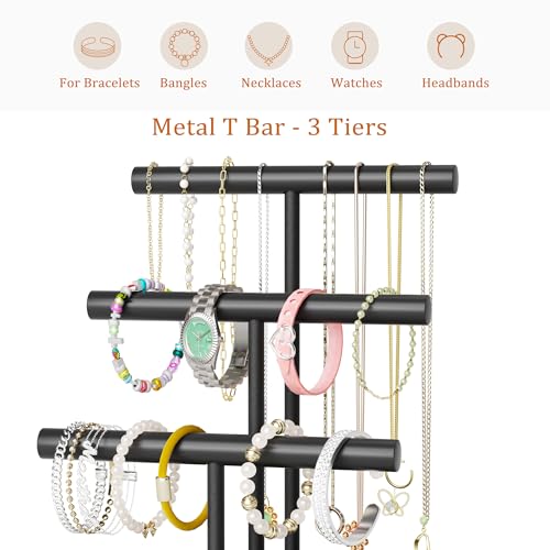 SZQINJI Bracelet Holder Display Organizer Stand, Necklace Holder Jewelry Holder Stand, Solid Wood Base with 3 Tier Metal T-bar for Bracelet Necklace Scrunchie Wristband Bangle Watch Ring, Black - size: 3 Tier