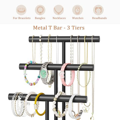 SZQINJI Bracelet Holder Display Organizer Stand, Necklace Holder Jewelry Holder Stand, Solid Wood Base with 3 Tier Metal T-bar for Bracelet Necklace Scrunchie Wristband Bangle Watch Ring, Black - size: 3 Tier