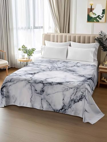 Cal King Size Flat Sheet Only, Abstract Marble Stone Texture Bed Top Sheet Soft Microfiber Breathable Bedding Flat Sheets, Natural Crack Gray Rock Top Sheets Hotel Luxury - size: California King
