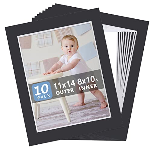 10 Pack Pre-Cut 11 x 14 Black Picture Mats for 8.5x11 Photos - White Core Bevel Cut Frame Matte, Acid Free, Ideal for Frames/Artwork/Prints - size: 11x14 10pack black mat for 8.5x11
