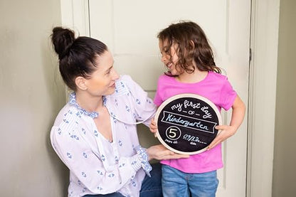 Kate & Milo Double Sided Back to School Board for Kids Girls Boys, My First and Last Day Chalkboard Sign, Preschool Kindergarten 1st Grade, Reusable Photo Prop for Pictures, Chalk Included - style: Wooden Round Chalkboard