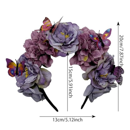 Elegant Butterfly Flower Headband for Women Boho Handmade Rose Floral Crown Wedding Bridal Festivals Cosplay Prom Photo Props Headpiece (B4 purple, Adjustable) - color: B4 purple