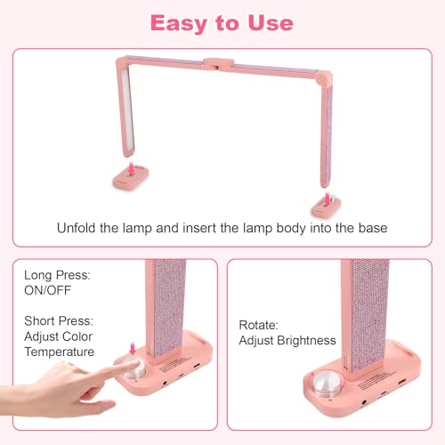 34in Half Moon Light for Nail Desk, Foldable LED Lamp for Nail Art, Tattooing, Craft Making, Stepless Dimming, 3000-6000K Color Temperature Adjustment, 456 Light Beads, Pink with Diamond - color: Pink with Diamond