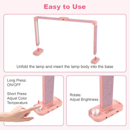 34in Half Moon Light for Nail Desk, Foldable LED Lamp for Nail Art, Tattooing, Craft Making, Stepless Dimming, 3000-6000K Color Temperature Adjustment, 456 Light Beads, Pink with Diamond - color: Pink with Diamond