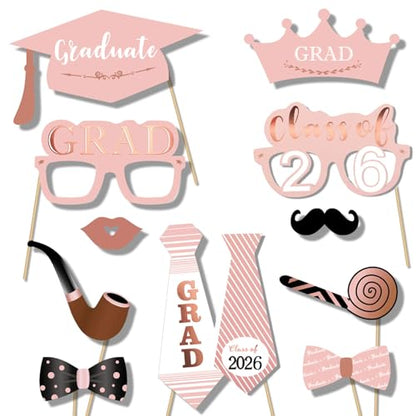 Konsait Rose Gold Graduation Photo Booth Props Party Supplies Graduation Photo Props Class of 2026 Grad Decor with Sticks, Class Decorations Graduation Party Favors Decor Accessories(39Count)