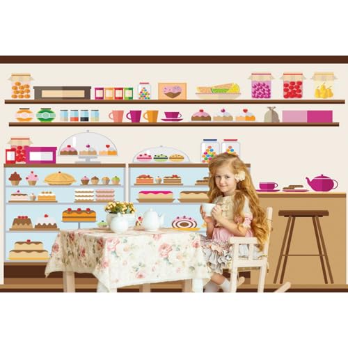 5x3ft Bakery Cafe Goods Shelf Backdrop Birthday Cake Lollipop Jelly Bean Cupcake Cartoon Sweets Shop Photography Background Bakery Shop Birthday Party for Girls Boys Portrait Photo Prop - size: 5x3ft