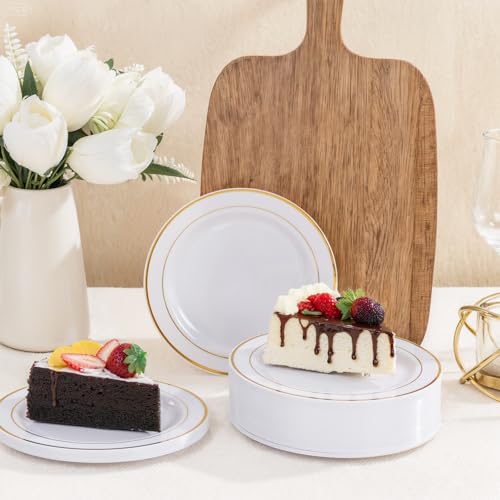 bUCLA 200PCS Gold Plastic Plates - 6.25inch White with Gold Trim Disposable Salad/Dessert/Appetizer/Small Cake Plates, Ideal for Wedding & Party - color: 6.25Inch-200pcs-Gold