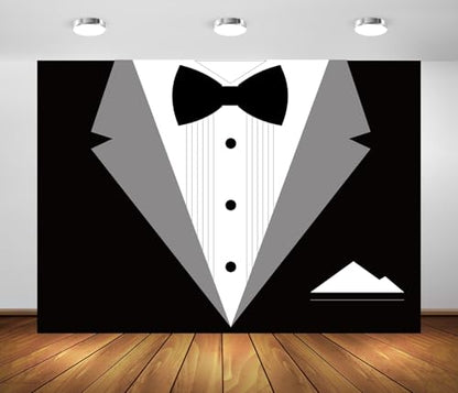 BELECO 8x6ft Fabric Gentleman Tuxedo Backdrop Black and White Bow Tie Suit Background Luxury Birthday Dinner Party Decor Banner Boy Men Father Bridegroom Photoshoot Studio Booth Props - size: 8x6FT