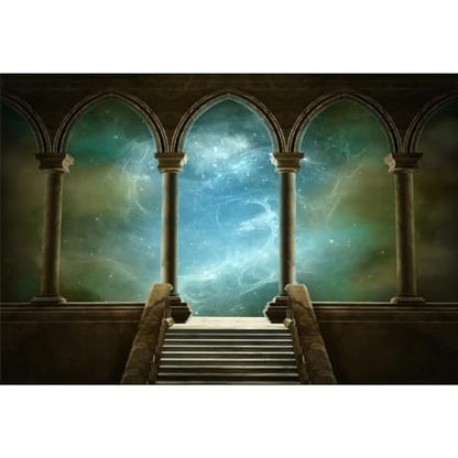 12x10ft Wedding 3D Render Backdrops Fantasy Starry Sky from Ancient Arches Background Mediaeval Gallery Temple Castle Marble Stone Column Staircase Photo Props - size: 12x10ft
