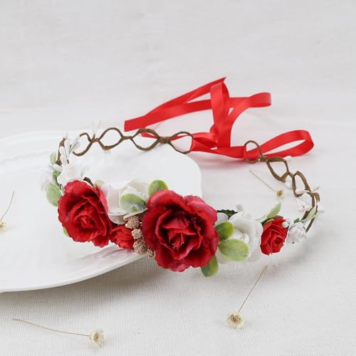 Flower Girl Flower Crown Pink Baby Girls Floral Headpieces Kids Headband Children Hair Wreath Photo Prop (Dark Red-Child Size) - color: Dark Red