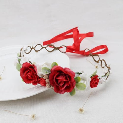 Flower Girl Flower Crown Pink Baby Girls Floral Headpieces Kids Headband Children Hair Wreath Photo Prop (Dark Red-Child Size) - color: Dark Red